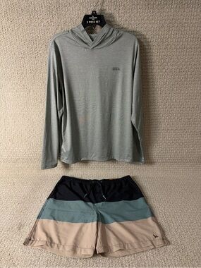 Eddie Bauer Heather Hooded Rash Guard and Swim Trunks Set Sz M